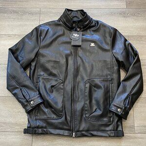 Men's Black Performance Jacket - Faux Leather Zip Front